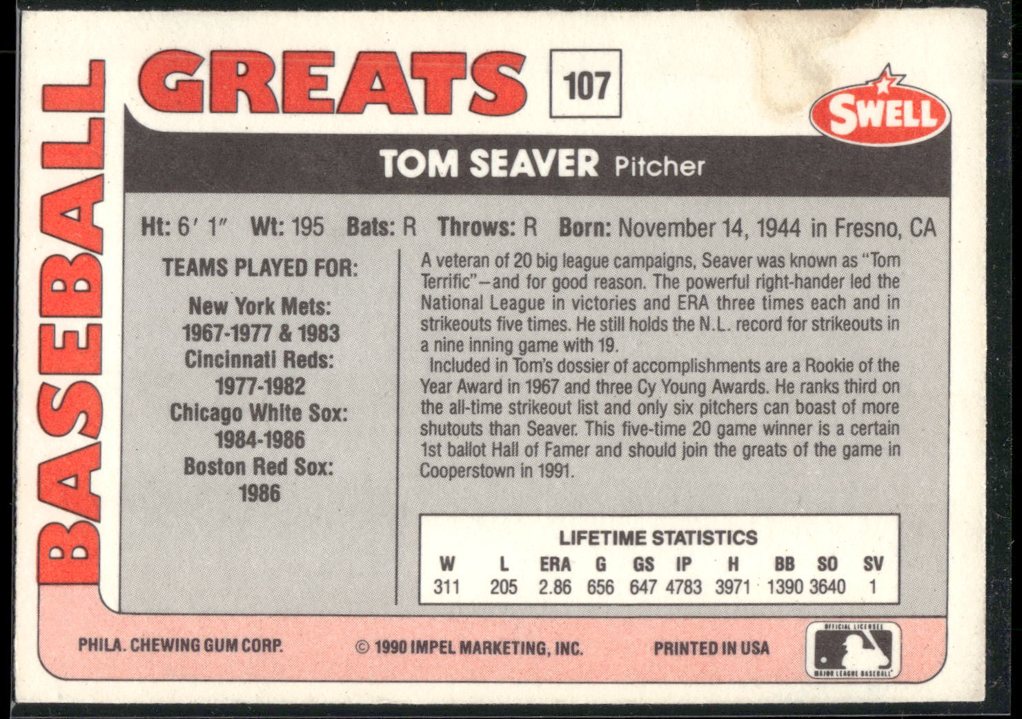 1991 Swell Baseball Greats #107 Tom Seaver