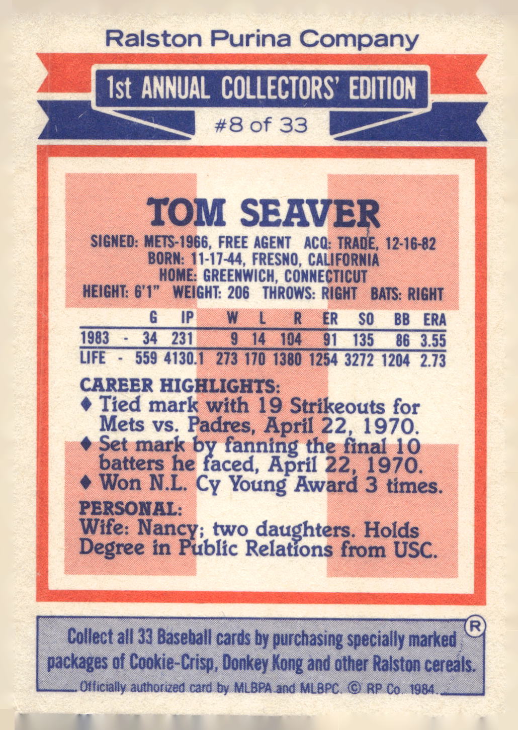 1984 Topps Ralston Purina #8 Tom Seaver