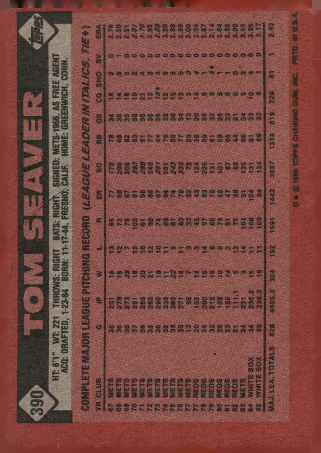1986 Topps #390 Tom Seaver