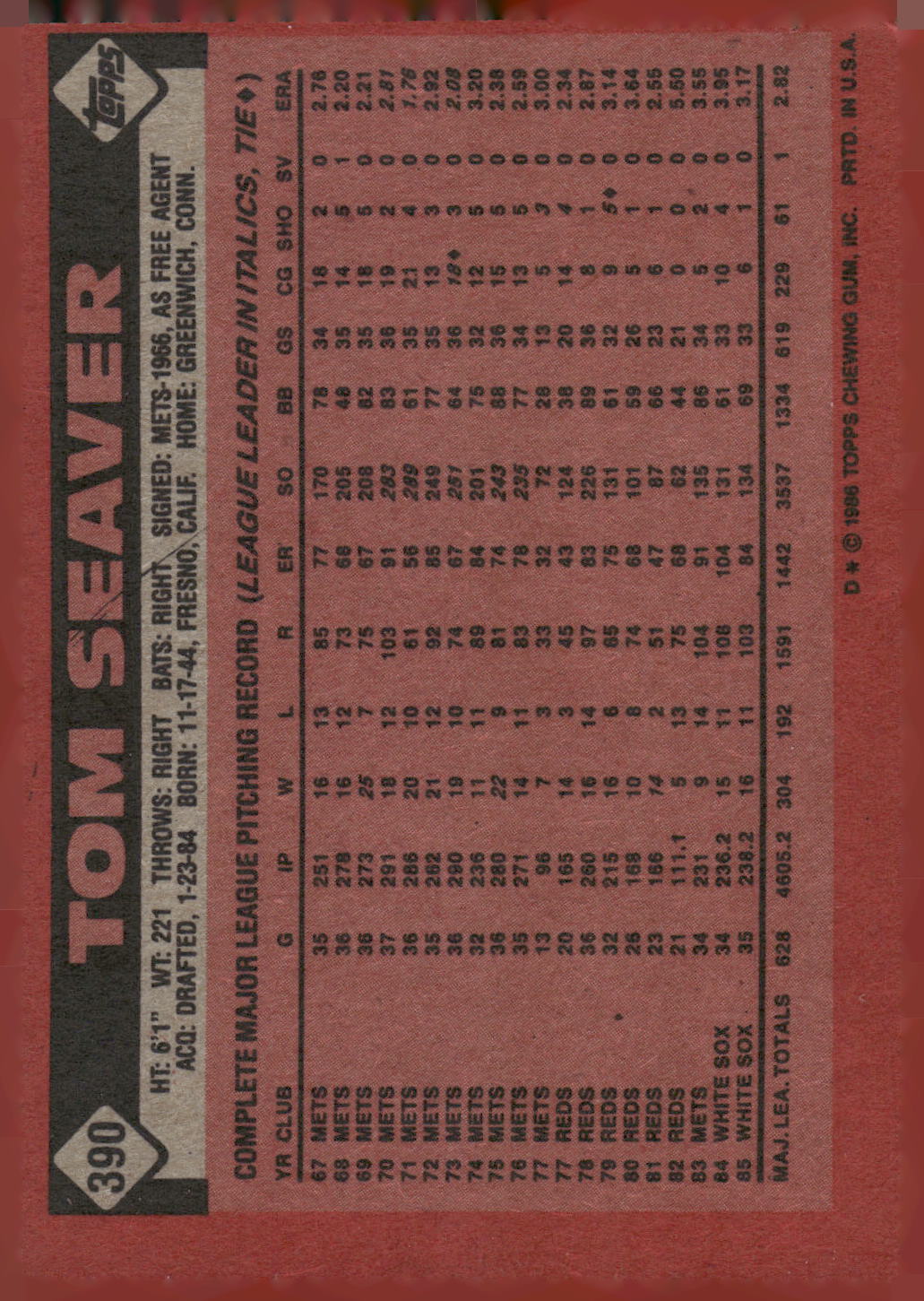 1986 Topps #390 Tom Seaver