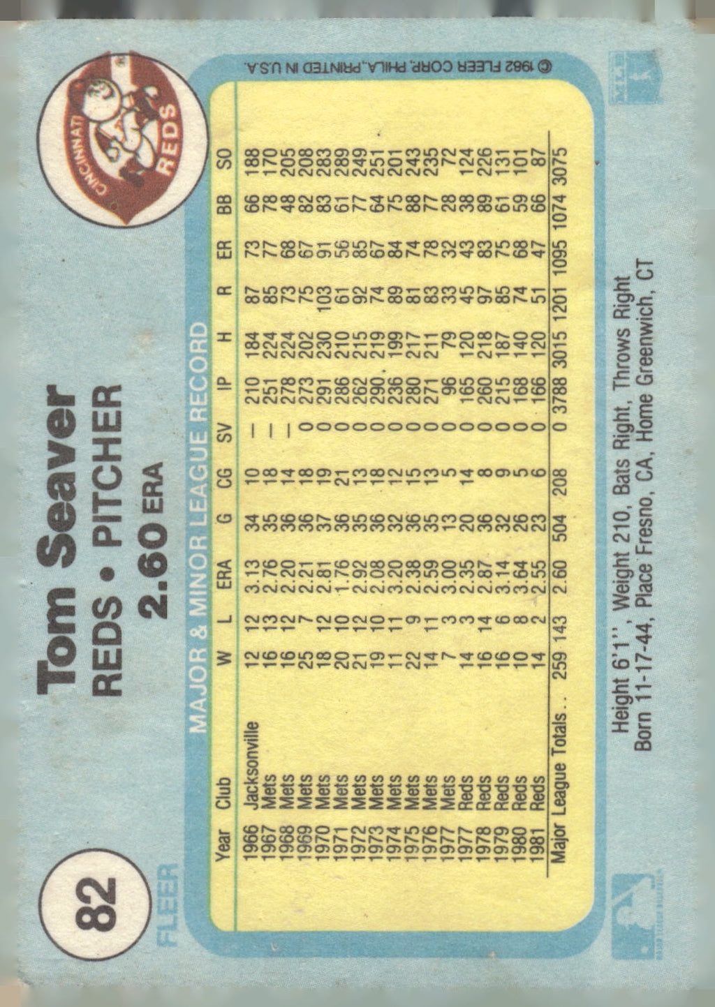1982 Fleer #82 Tom Seaver