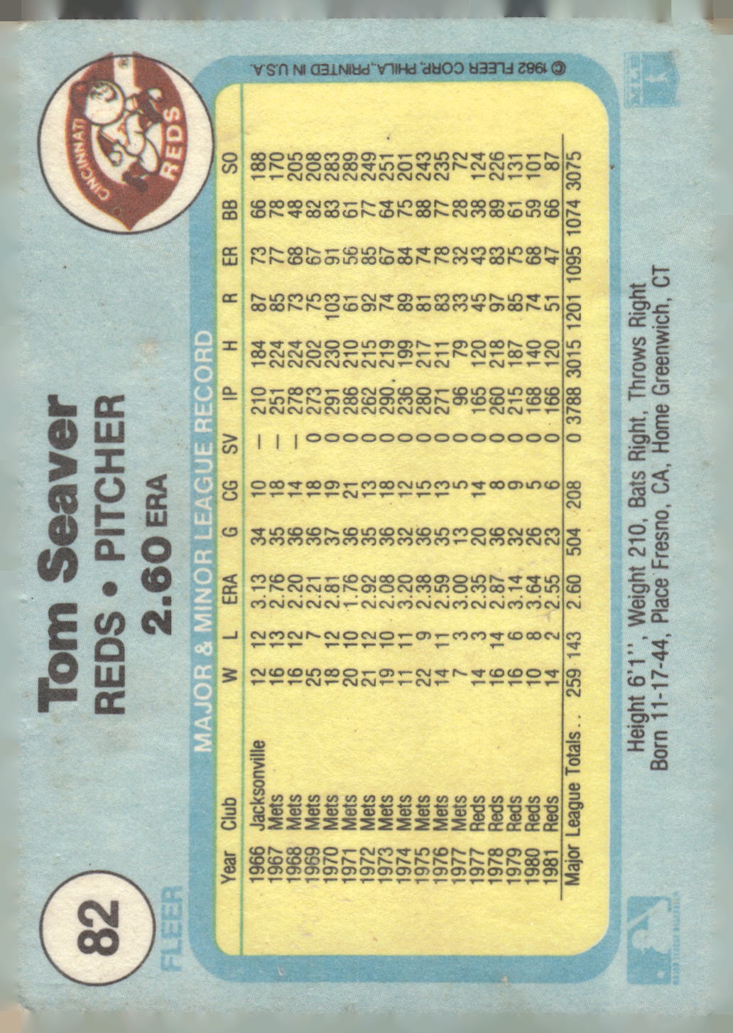 1982 Fleer #82 Tom Seaver