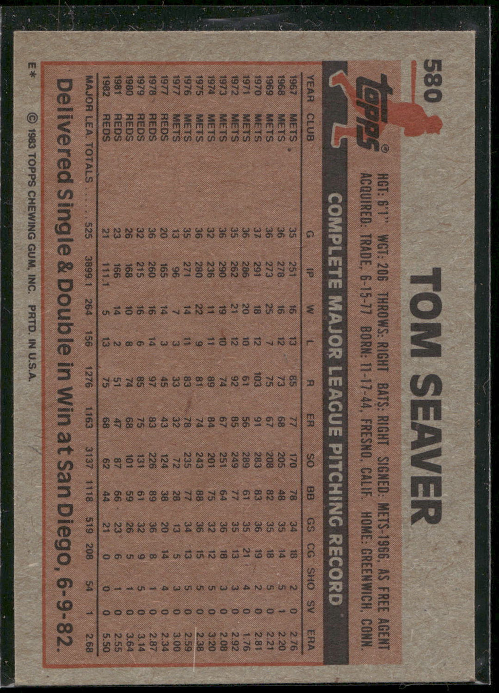 1983 Topps #580 Tom Seaver