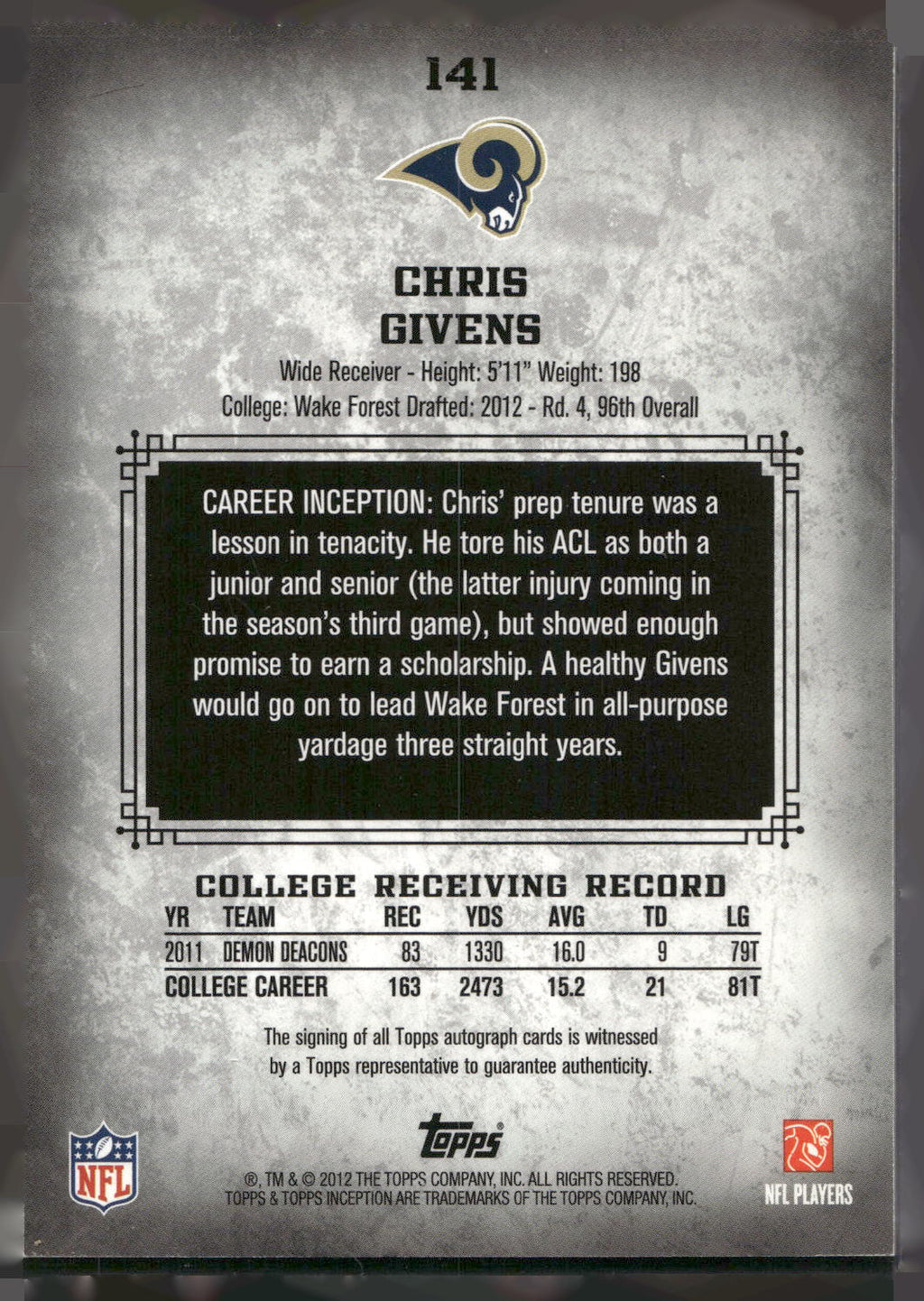2012 Topps Inception #141 Chris Givens