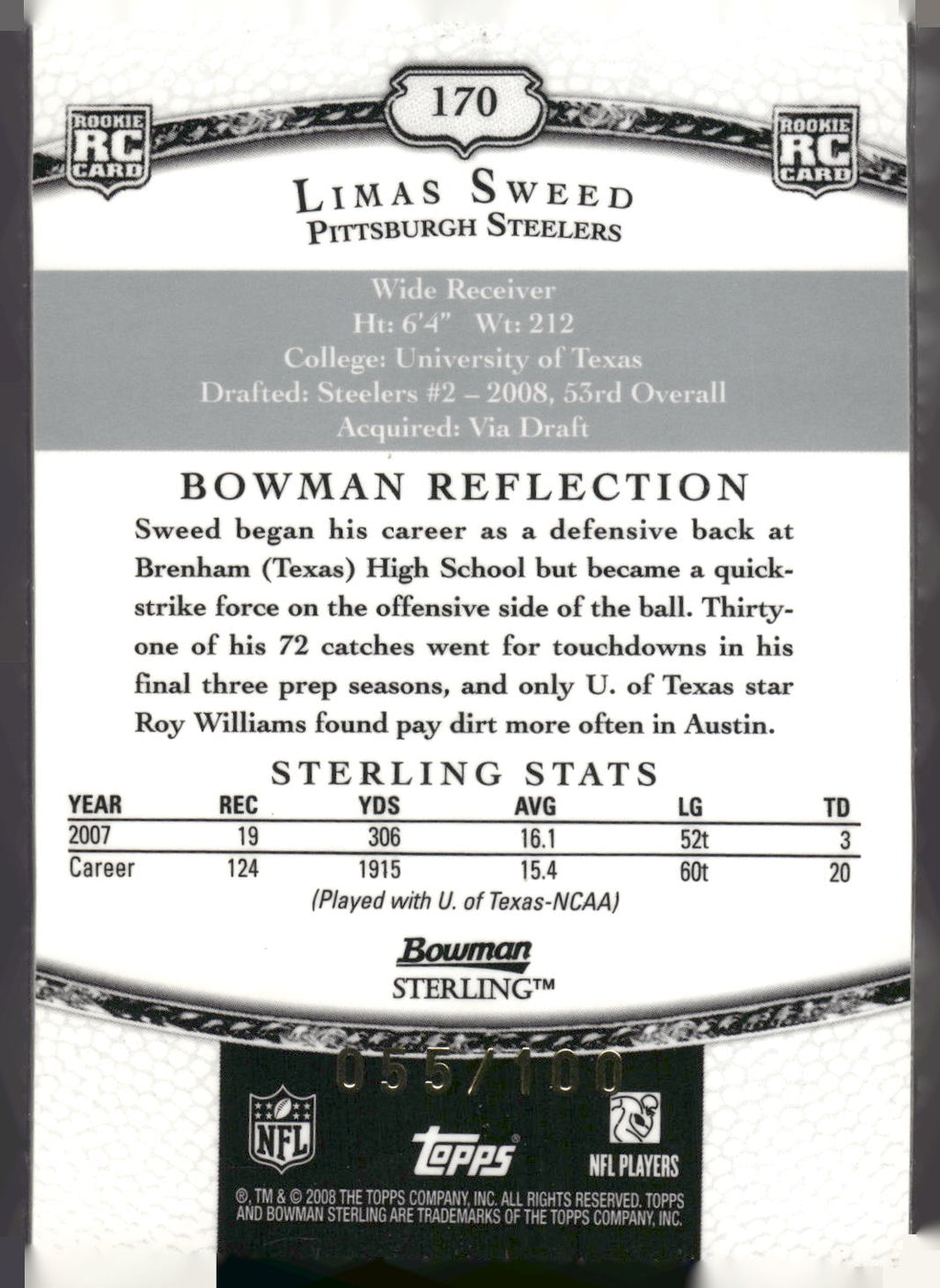 2008 Bowman Sterling #170 Limas Sweed Gold Relic Autographs #/100