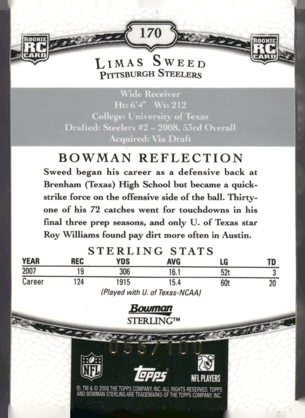 2008 Bowman Sterling #170 Limas Sweed Gold Relic Autographs #/100