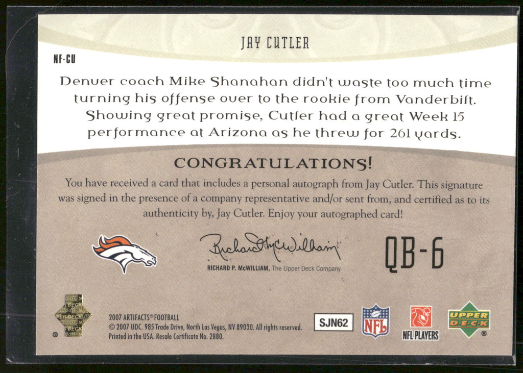 2007 Upper Deck Artifacts #NF-CU Jay Cutler NFL Facts Autographs