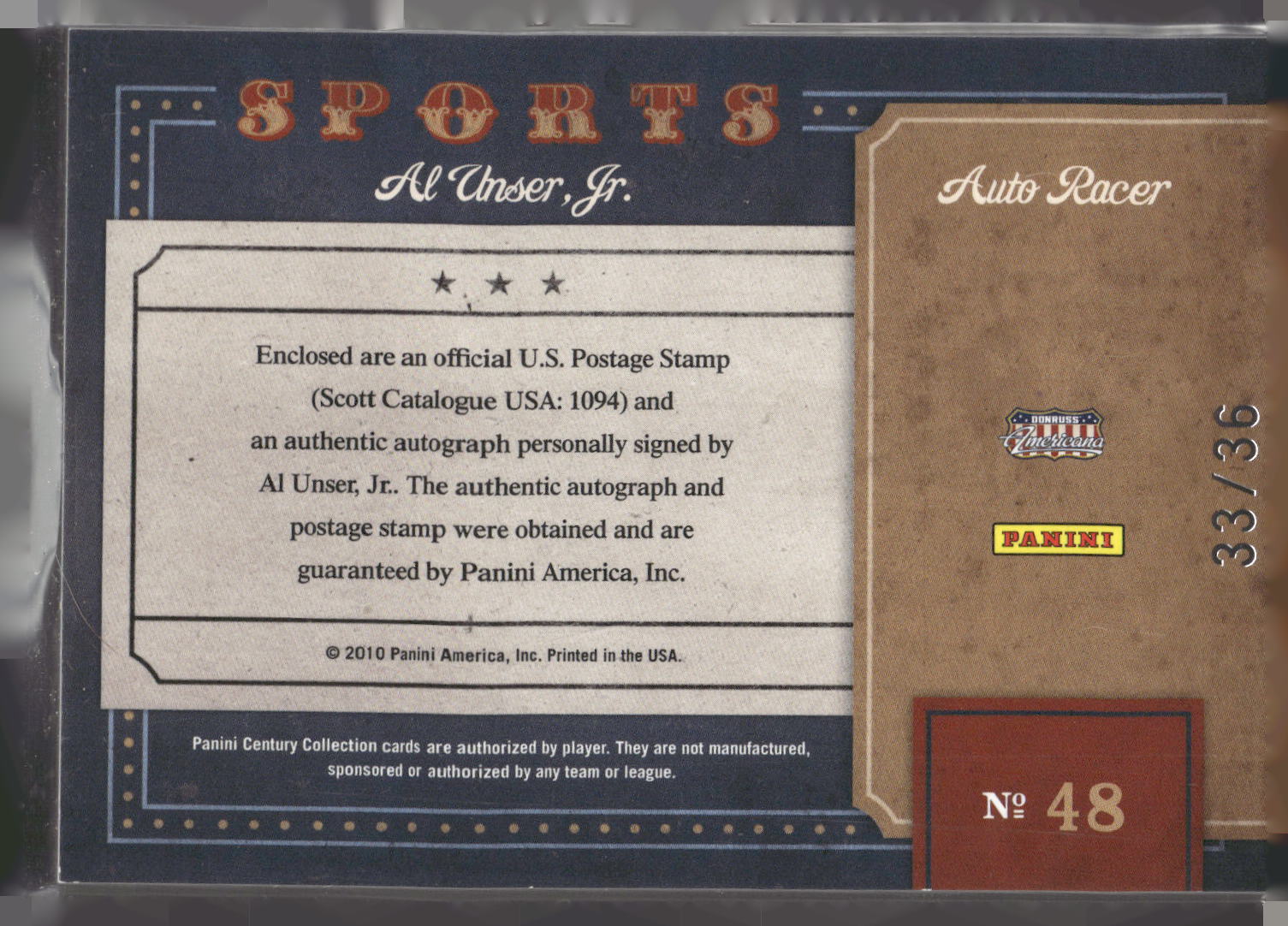 2010 Panini Americana Century Souvenir Stamps Signatures #48 Al Unser