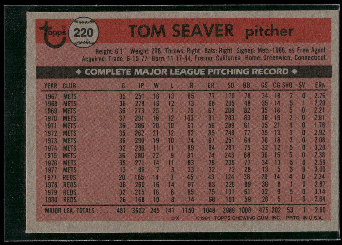 1981 Topps #220 Tom Seaver