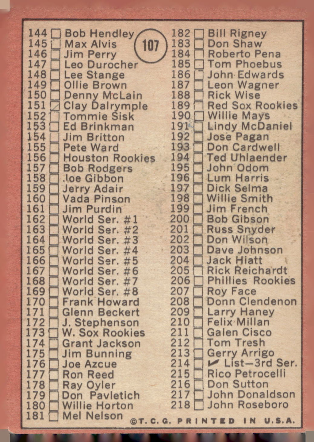 1969 Topps #107a 2nd Series Check List: 110-218