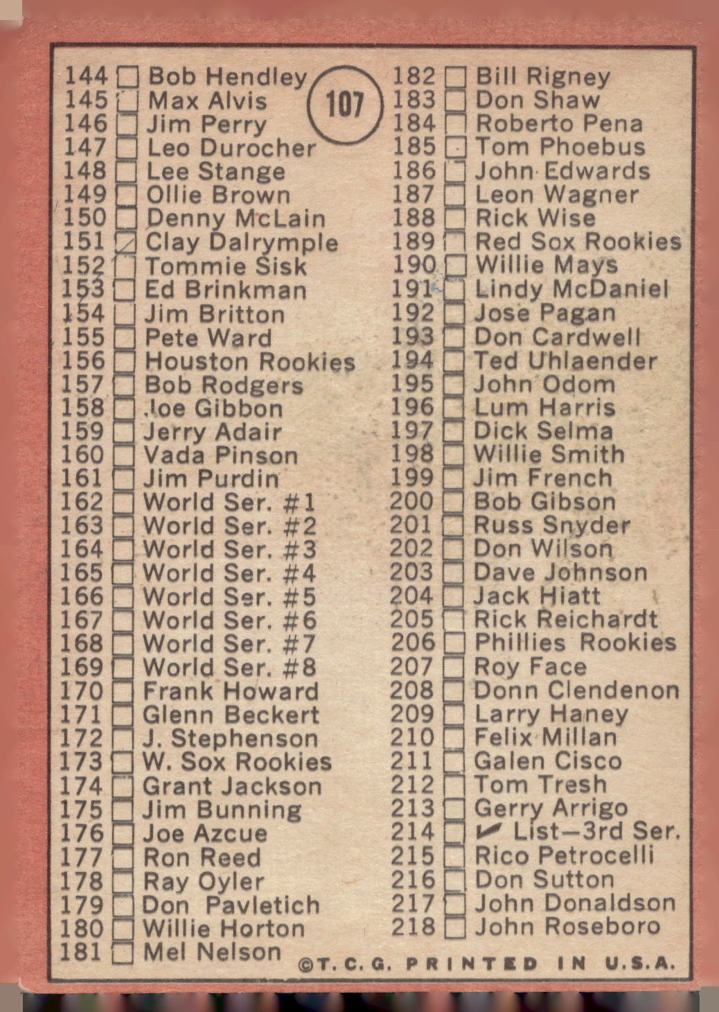 1969 Topps #107a 2nd Series Check List: 110-218