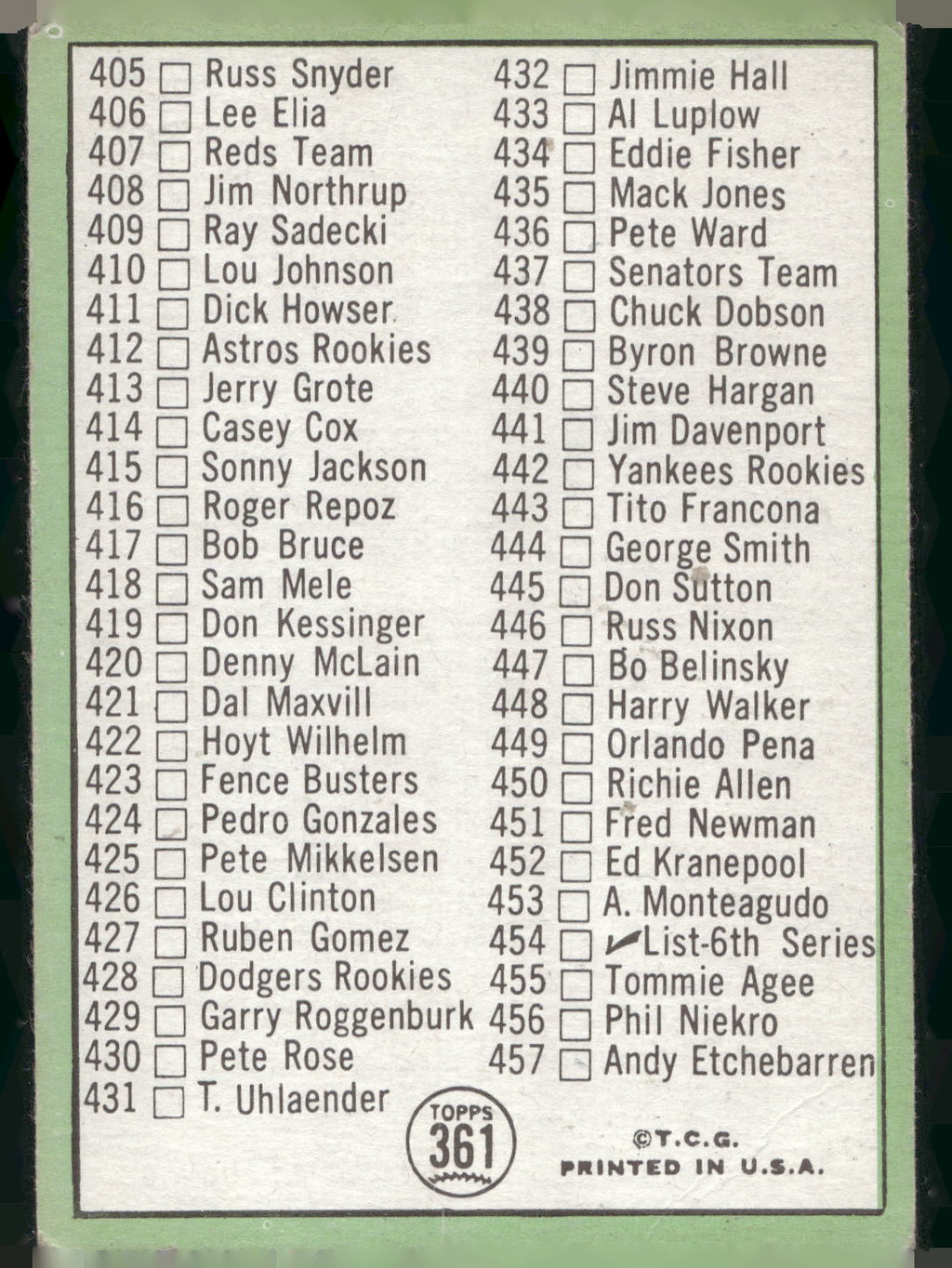 1967 Topps #361 5th Series Checklist: 371-457
