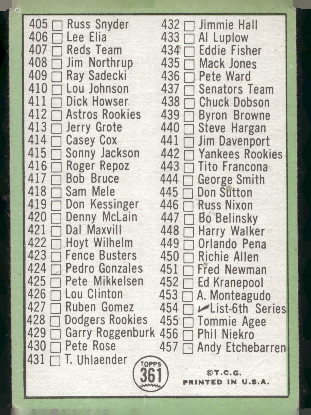 1967 Topps #361 5th Series Checklist: 371-457