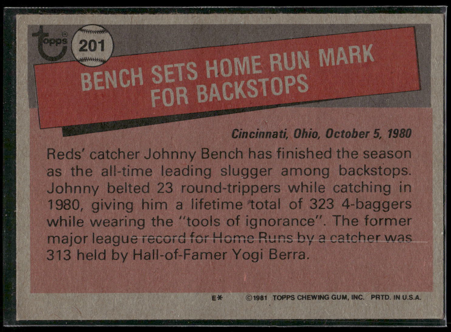 1981 Topps #201 Johnny Bench