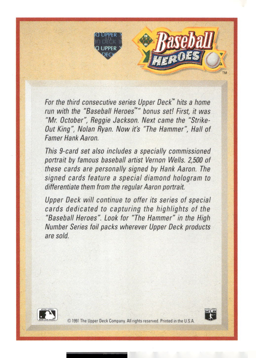 1991 Upper Deck #NNO Header Card Baseball Heroes: Hank Aaron