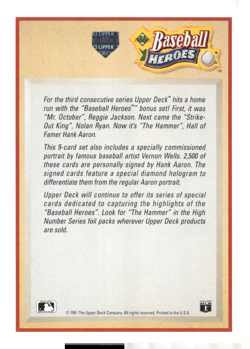 1991 Upper Deck #NNO Header Card Baseball Heroes: Hank Aaron