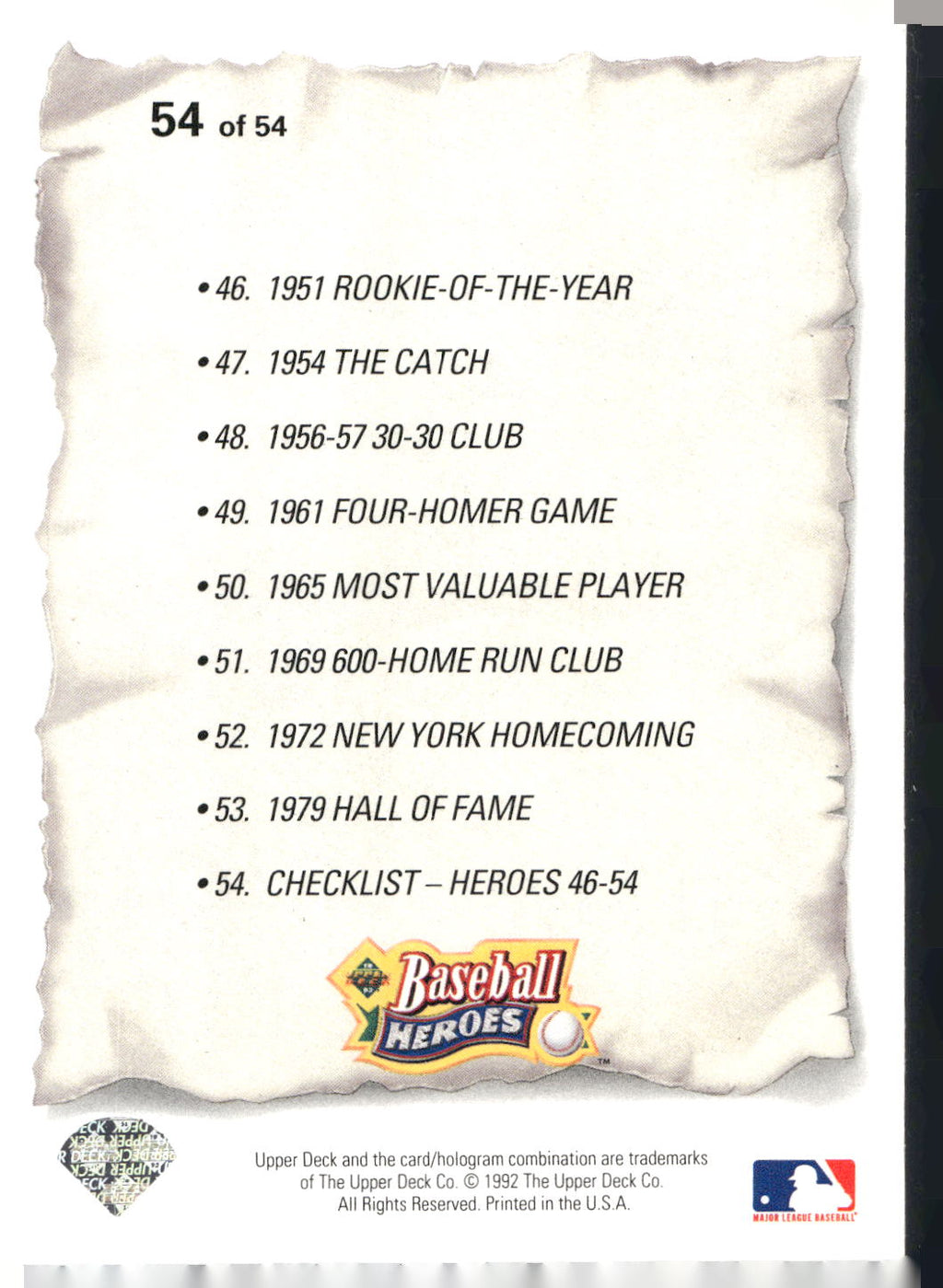 1993 Upper Deck #54 Willie Mays Baseball Heroes: Willie Mays