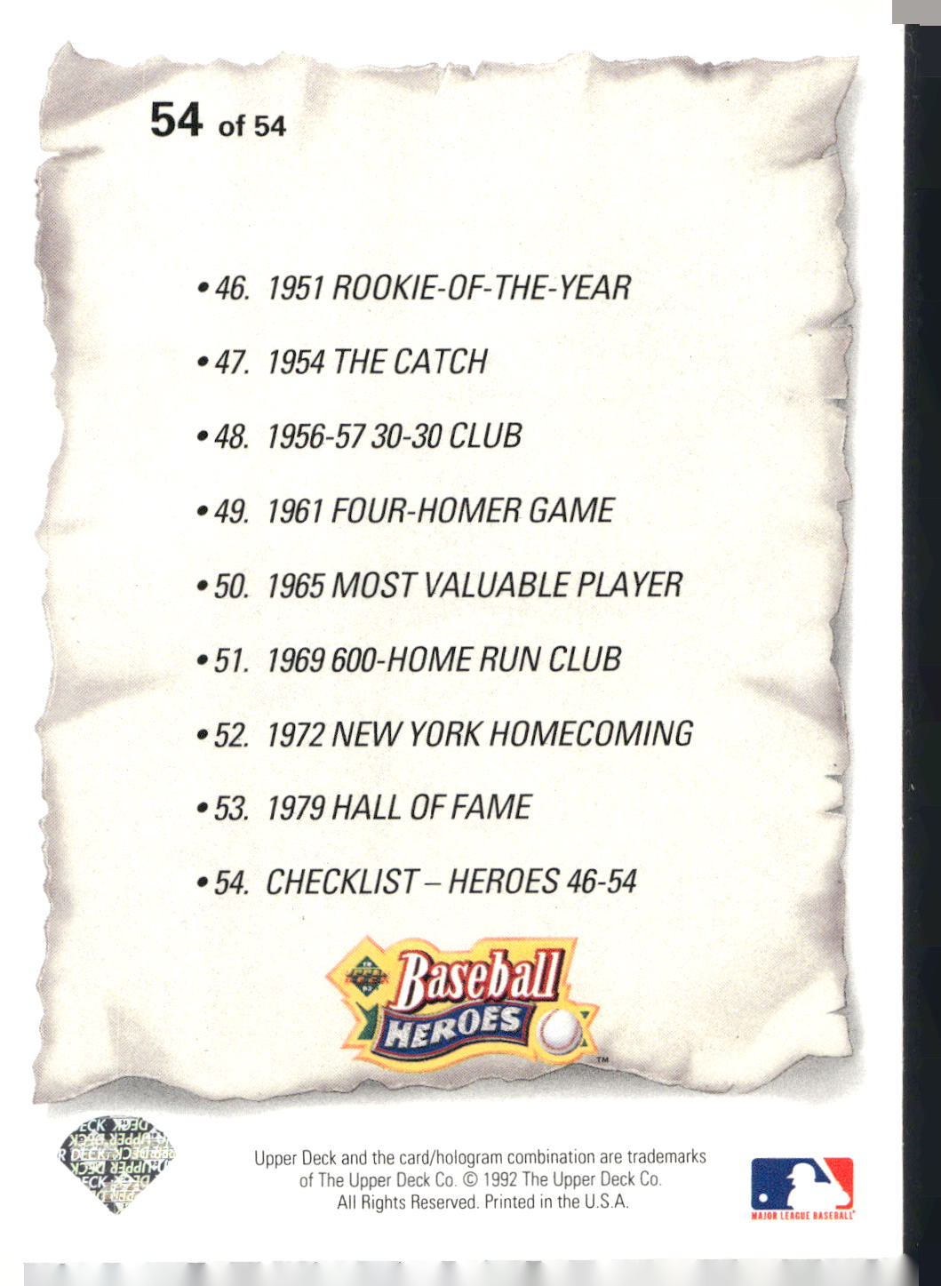 1993 Upper Deck #54 Willie Mays Baseball Heroes: Willie Mays