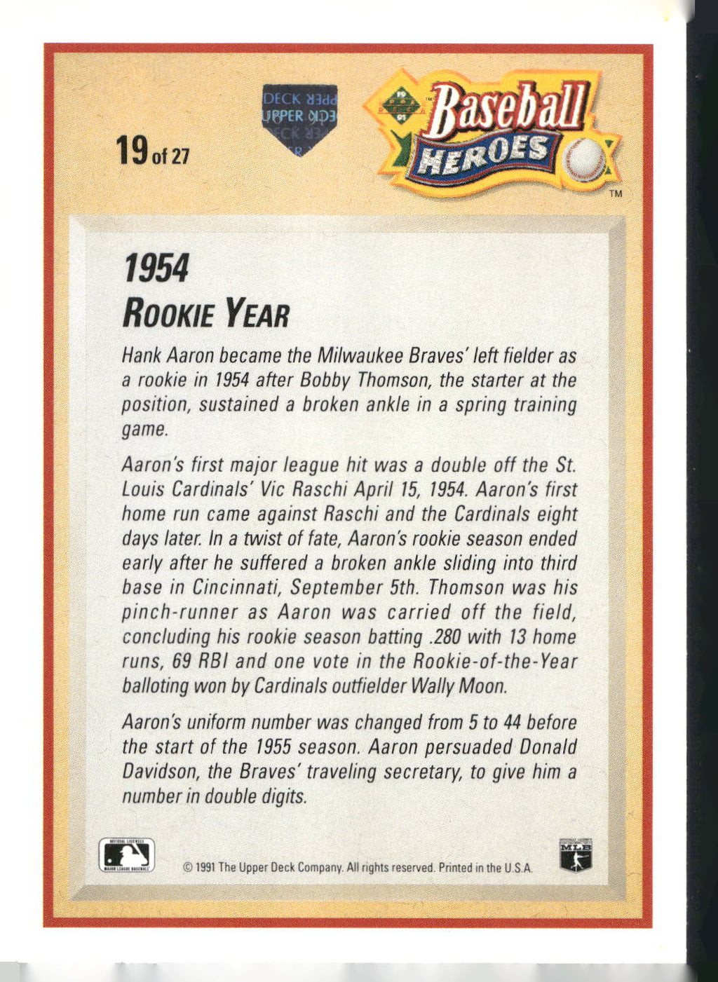 1991 Upper Deck #19 Hank Aaron Baseball Heroes: Hank Aaron