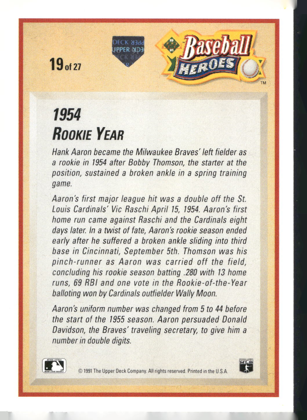 1991 Upper Deck #19 Hank Aaron Baseball Heroes: Hank Aaron