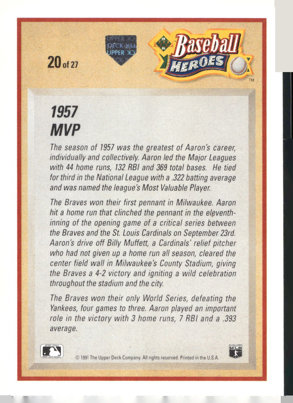 1991 Upper Deck #20 Hank Aaron Baseball Heroes: Hank Aaron
