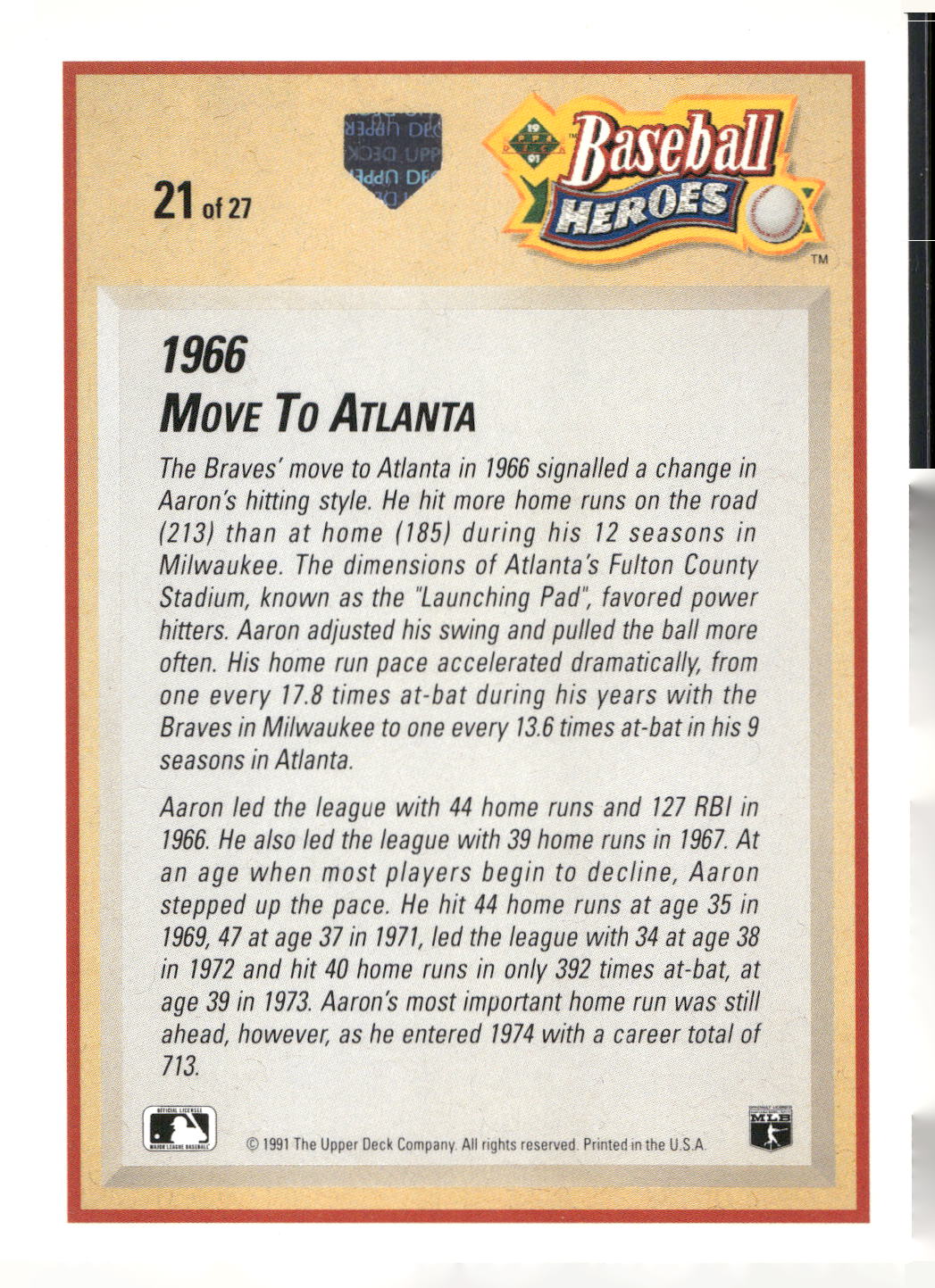 1991 Upper Deck #21 Hank Aaron Baseball Heroes: Hank Aaron