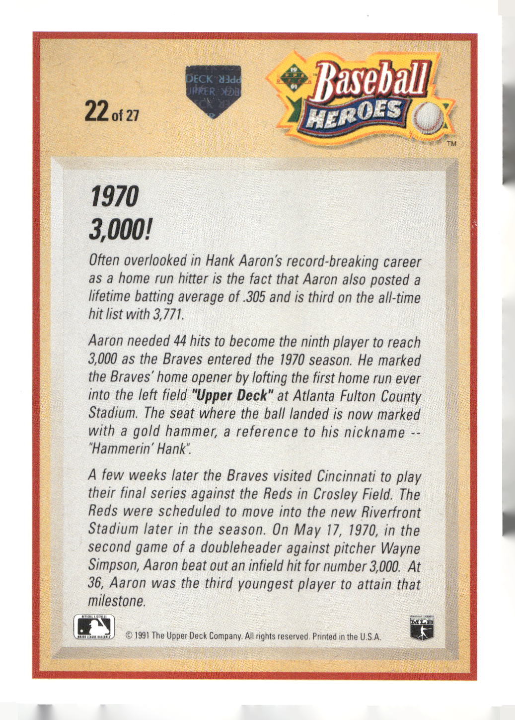 1991 Upper Deck #22 Hank Aaron Baseball Heroes: Hank Aaron