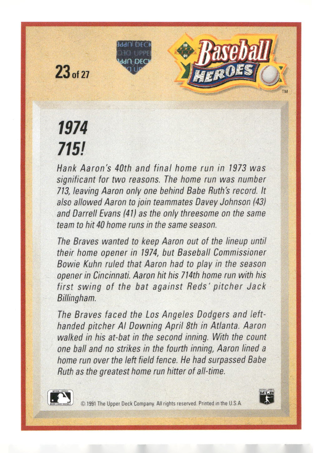 1991 Upper Deck #23 Hank Aaron Baseball Heroes: Hank Aaron