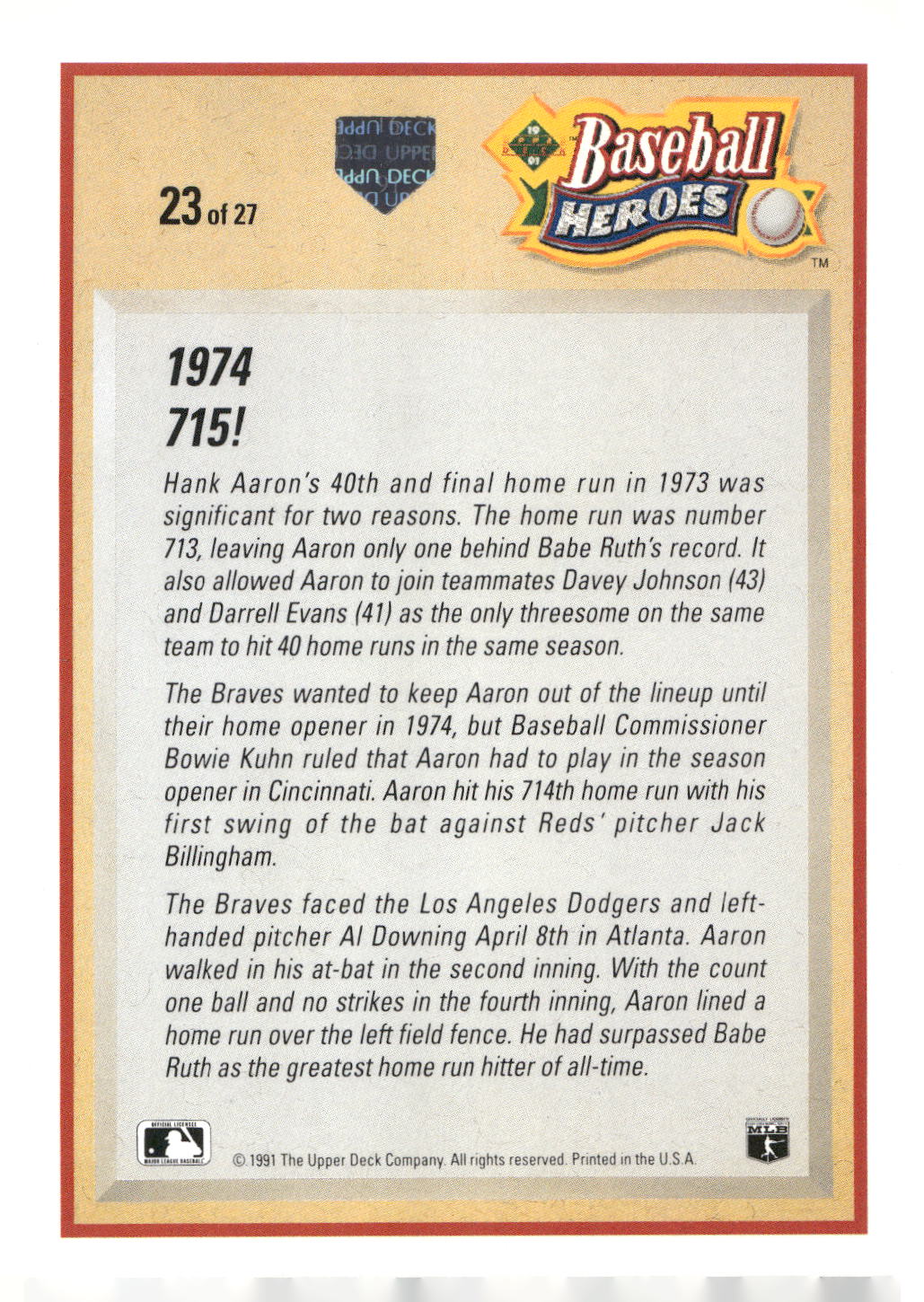 1991 Upper Deck #23 Hank Aaron Baseball Heroes: Hank Aaron
