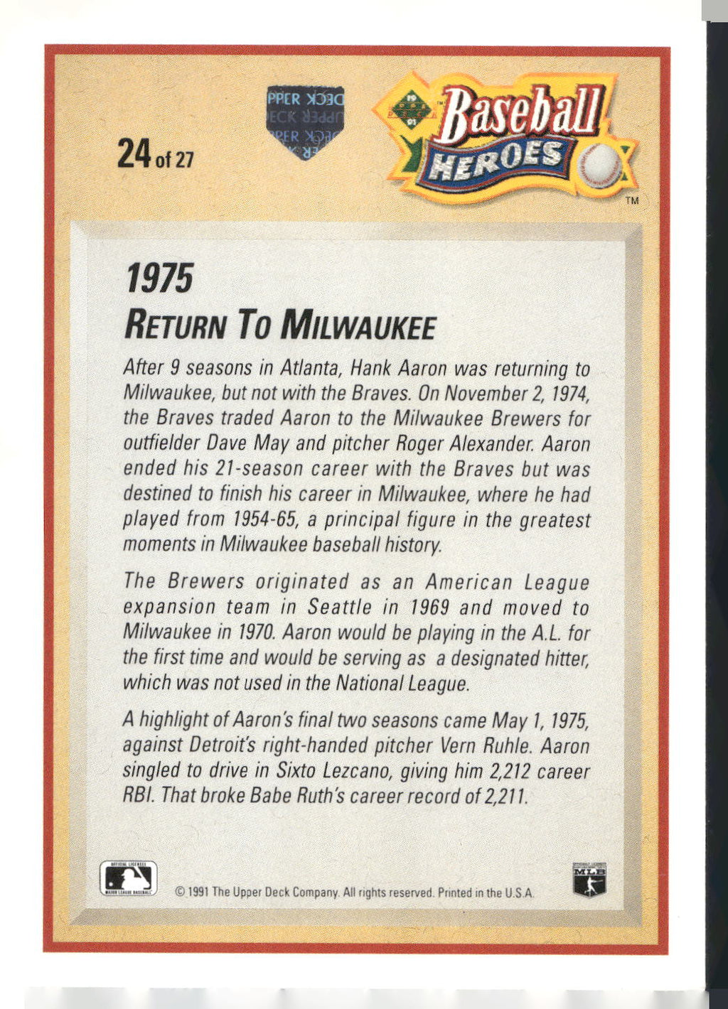1991 Upper Deck #24 Hank Aaron Baseball Heroes: Hank Aaron