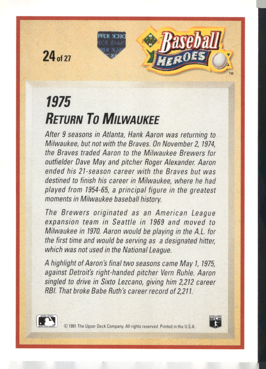 1991 Upper Deck #24 Hank Aaron Baseball Heroes: Hank Aaron