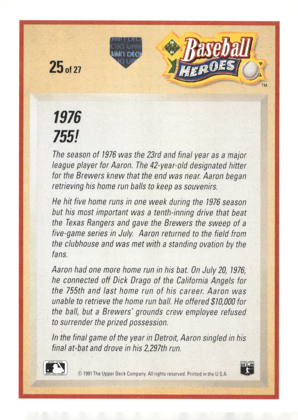 1991 Upper Deck #25 Hank Aaron Baseball Heroes: Hank Aaron