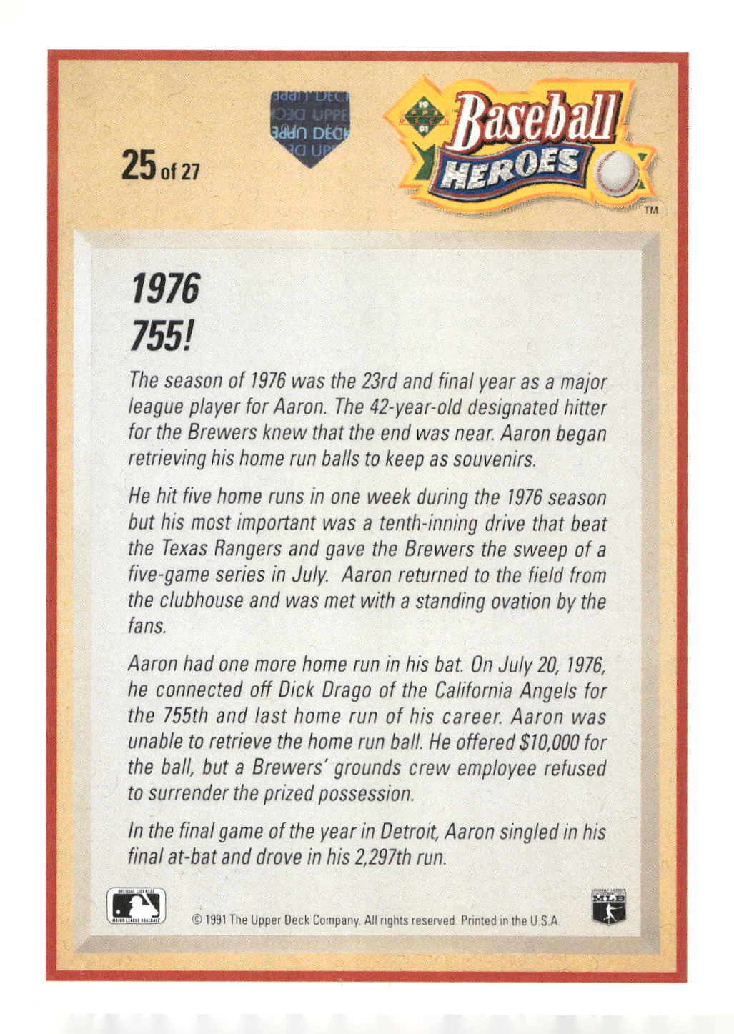 1991 Upper Deck #25 Hank Aaron Baseball Heroes: Hank Aaron