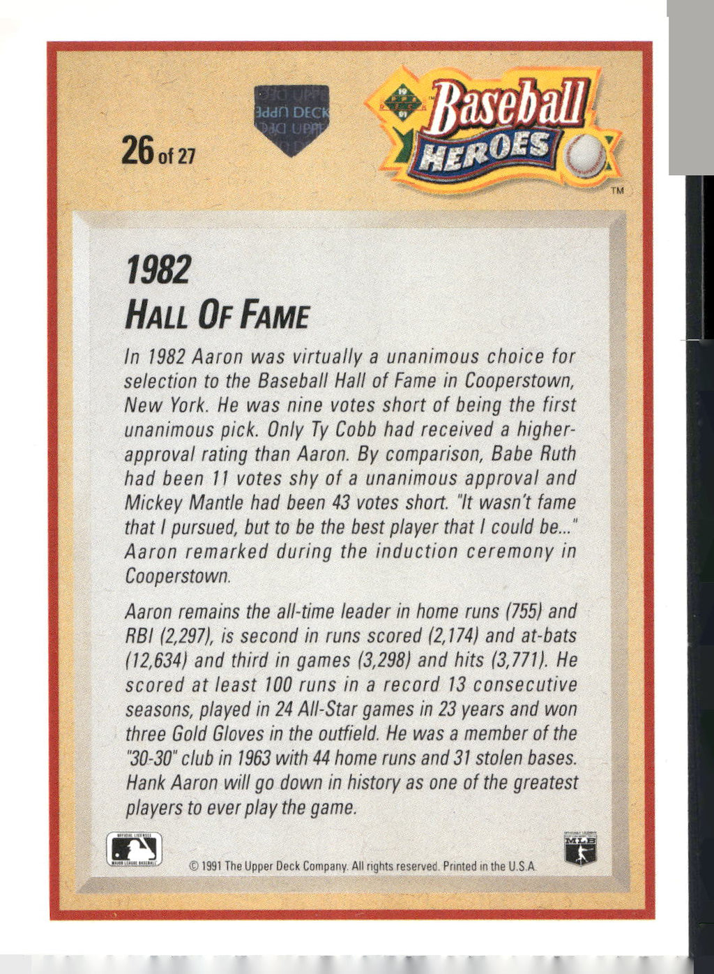 1991 Upper Deck #26 Hank Aaron Baseball Heroes: Hank Aaron
