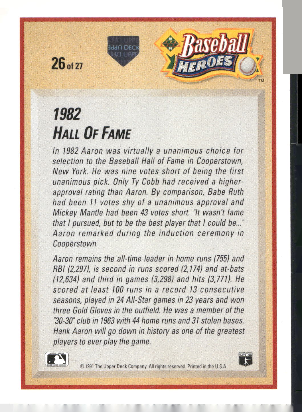 1991 Upper Deck #26 Hank Aaron Baseball Heroes: Hank Aaron