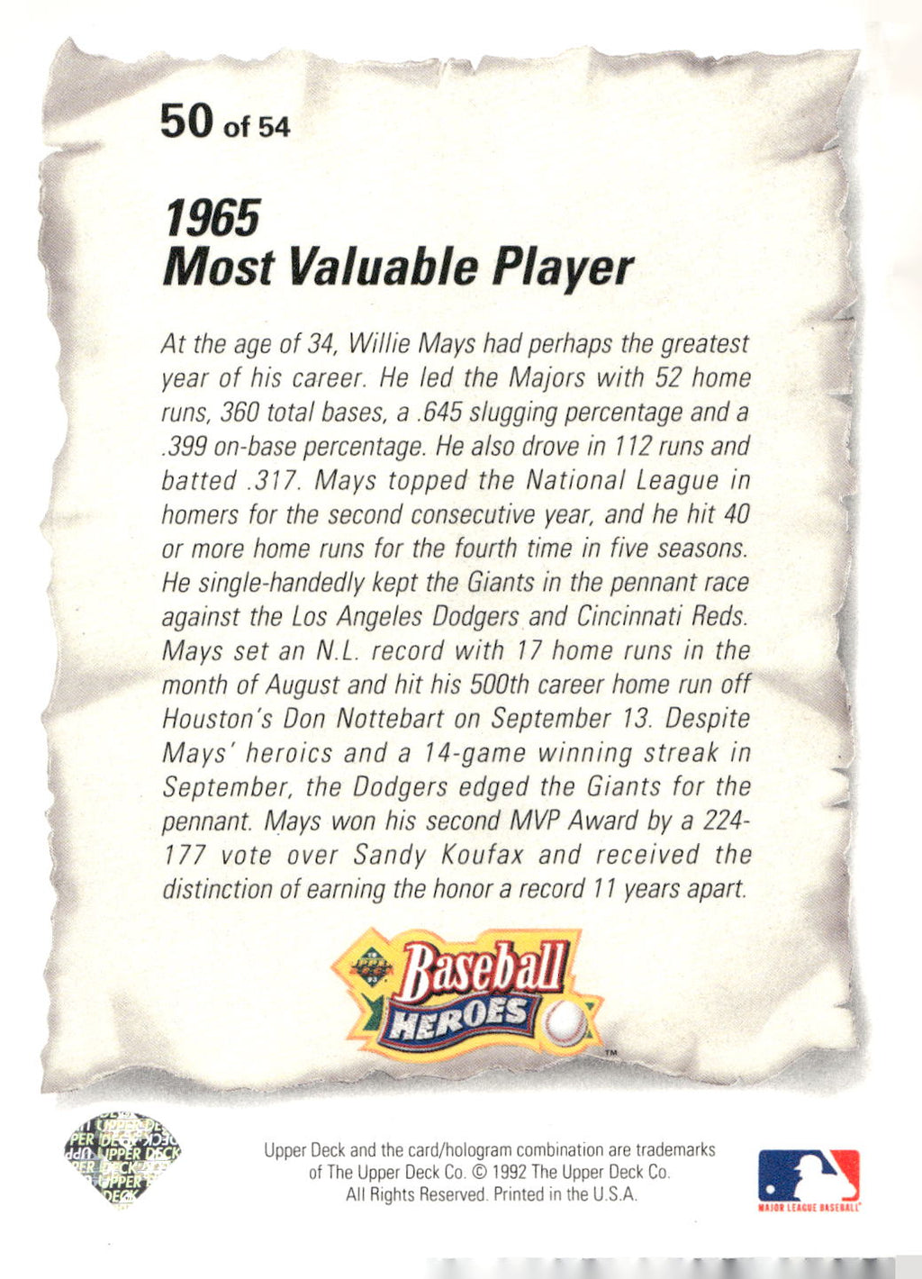 1993 Upper Deck #50 Willie Mays Baseball Heroes: Willie Mays