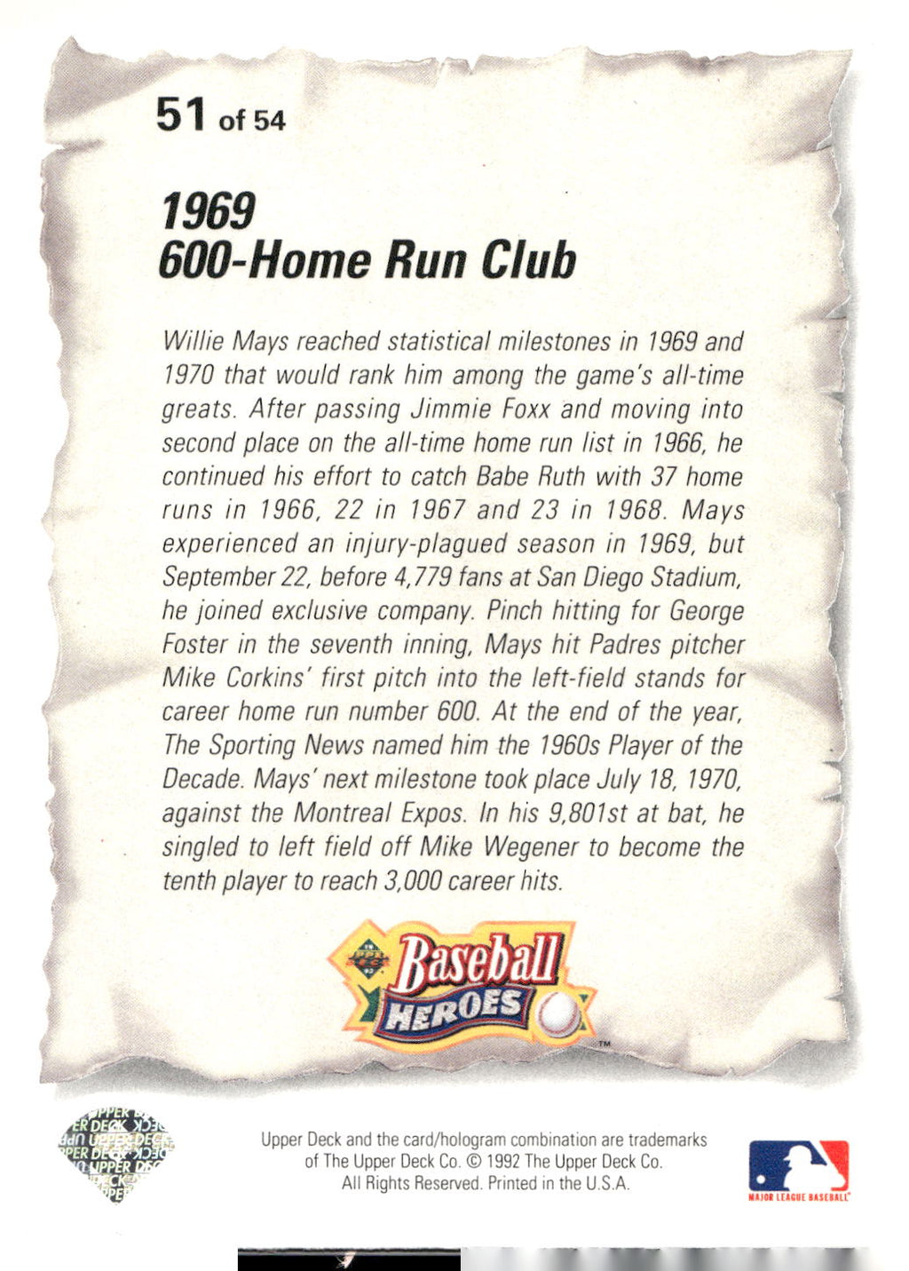 1993 Upper Deck #51 Willie Mays Baseball Heroes: Willie Mays