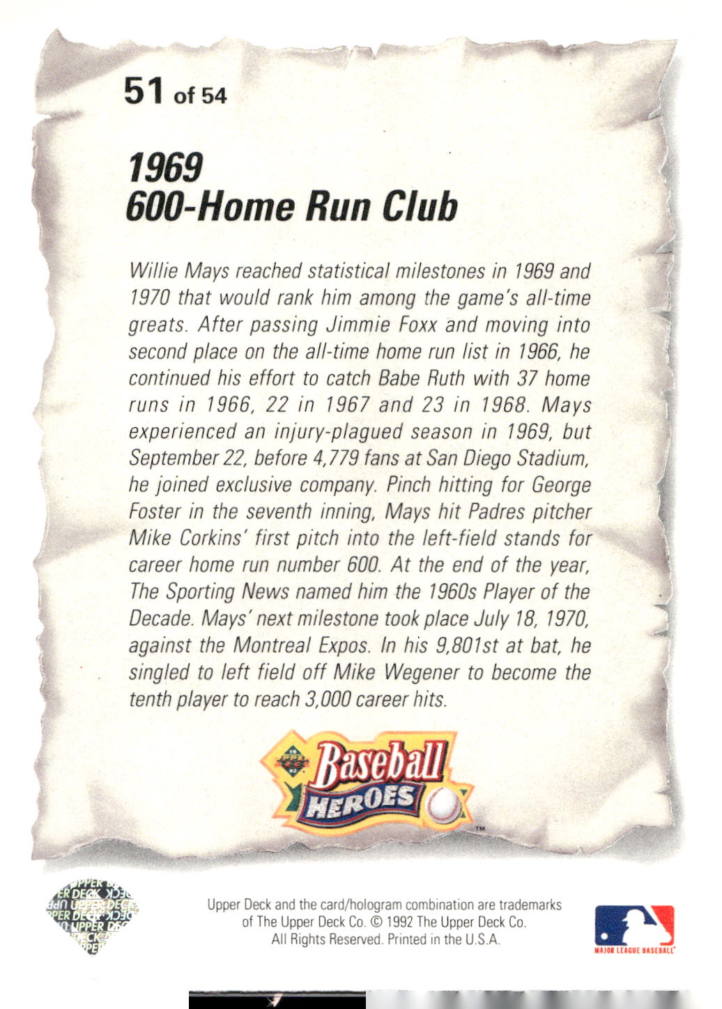 1993 Upper Deck #51 Willie Mays Baseball Heroes: Willie Mays