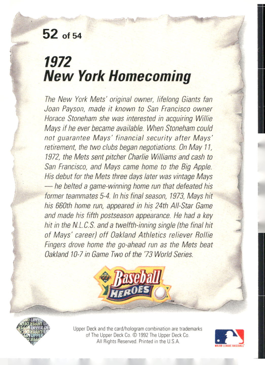 1993 Upper Deck #52 Willie Mays Baseball Heroes: Willie Mays