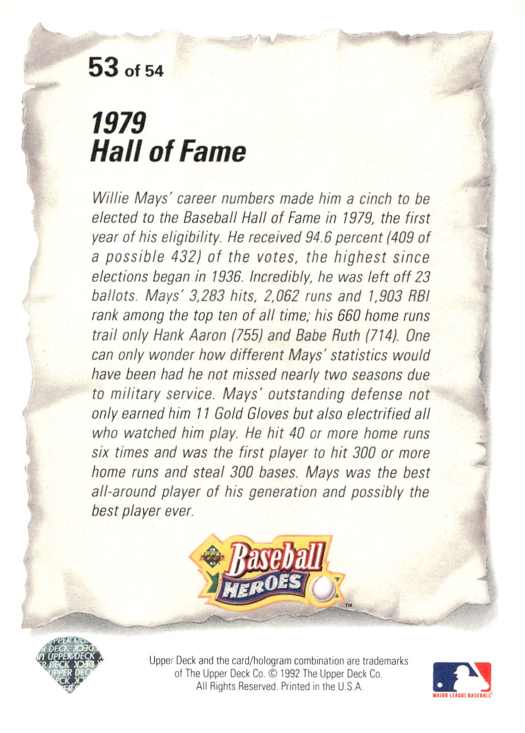 1993 Upper Deck #53 Willie Mays Baseball Heroes: Willie Mays