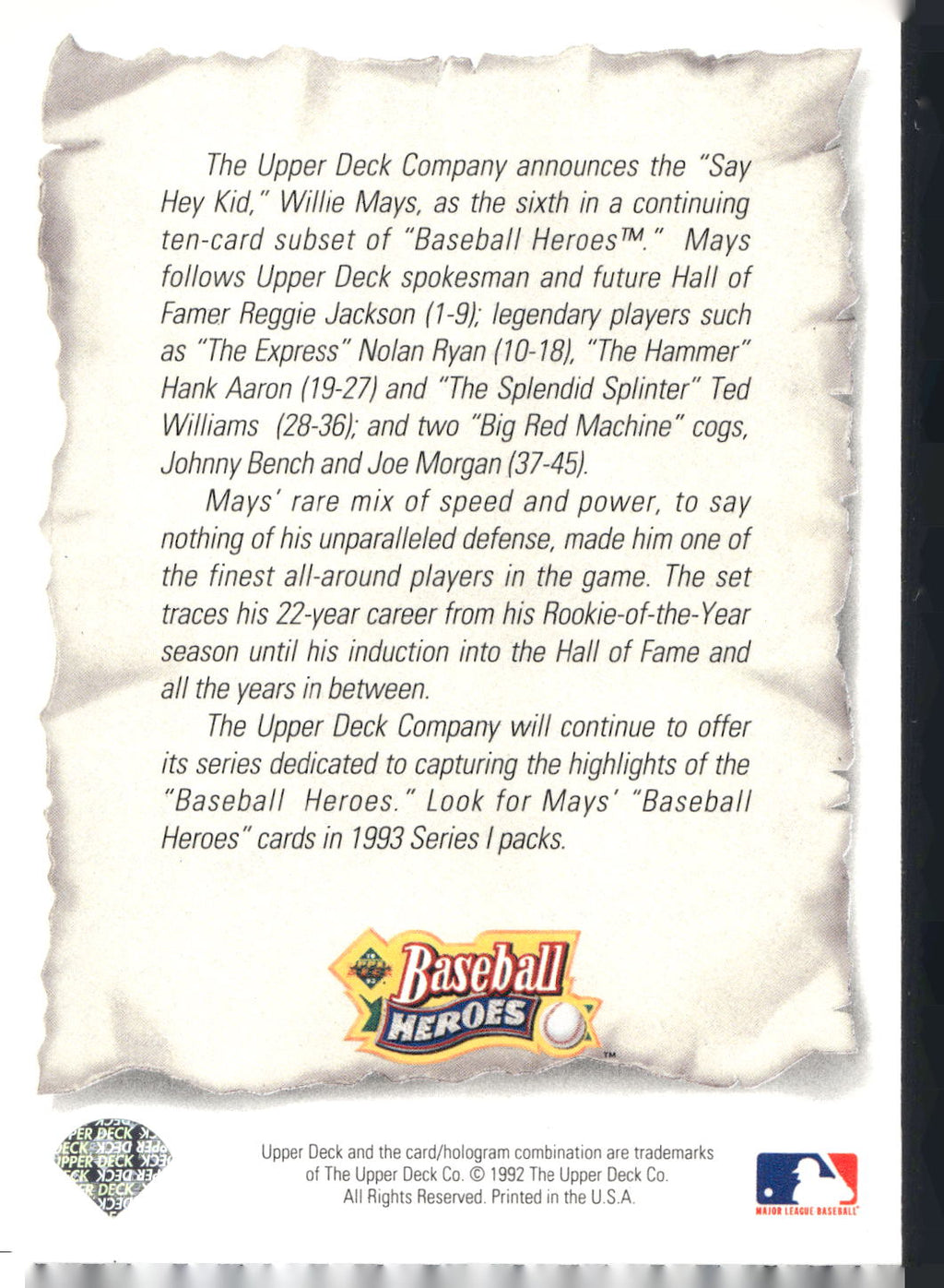 1993 Upper Deck #NNO Header Card Baseball Heroes: Willie Mays