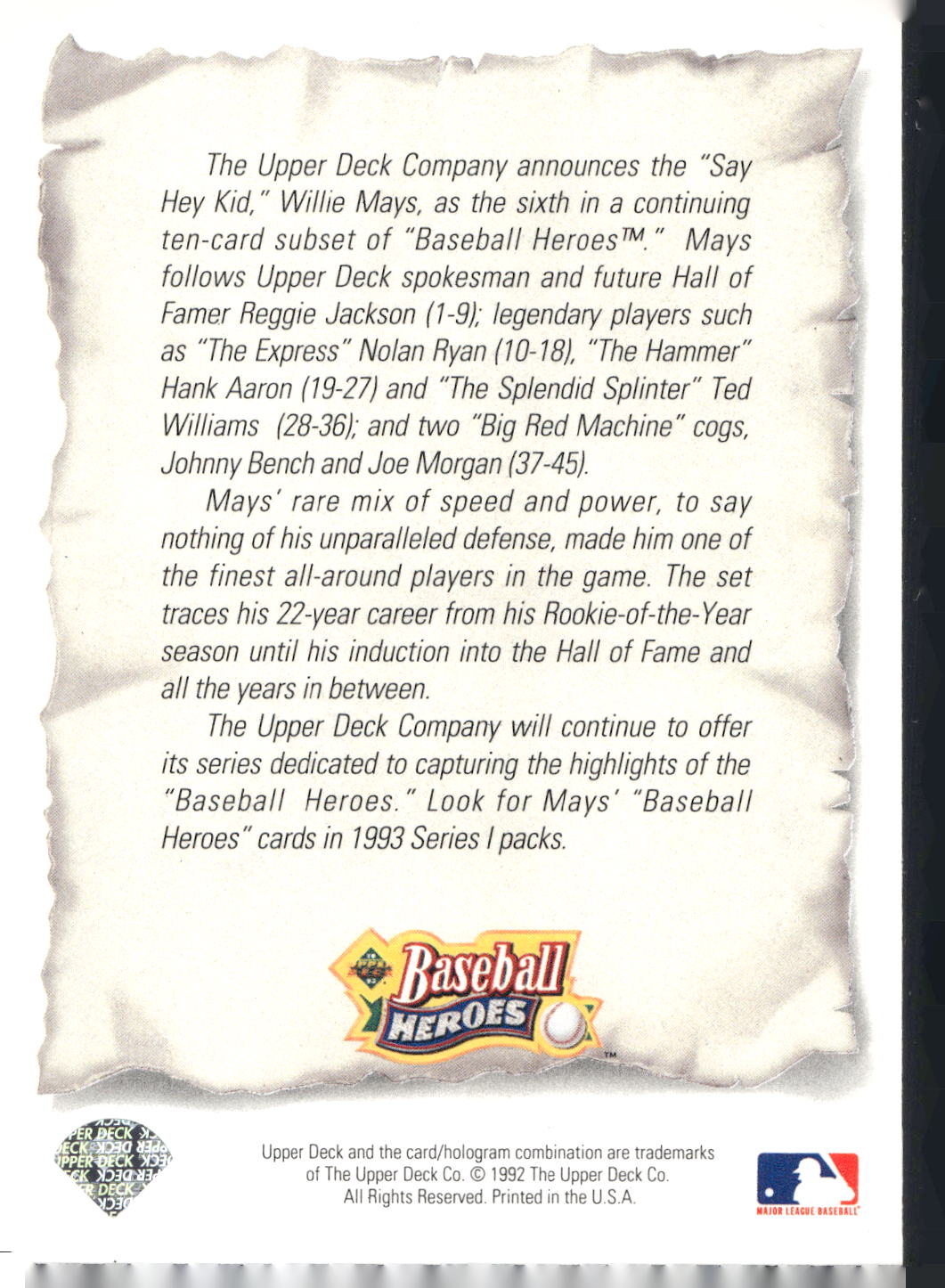1993 Upper Deck #NNO Header Card Baseball Heroes: Willie Mays