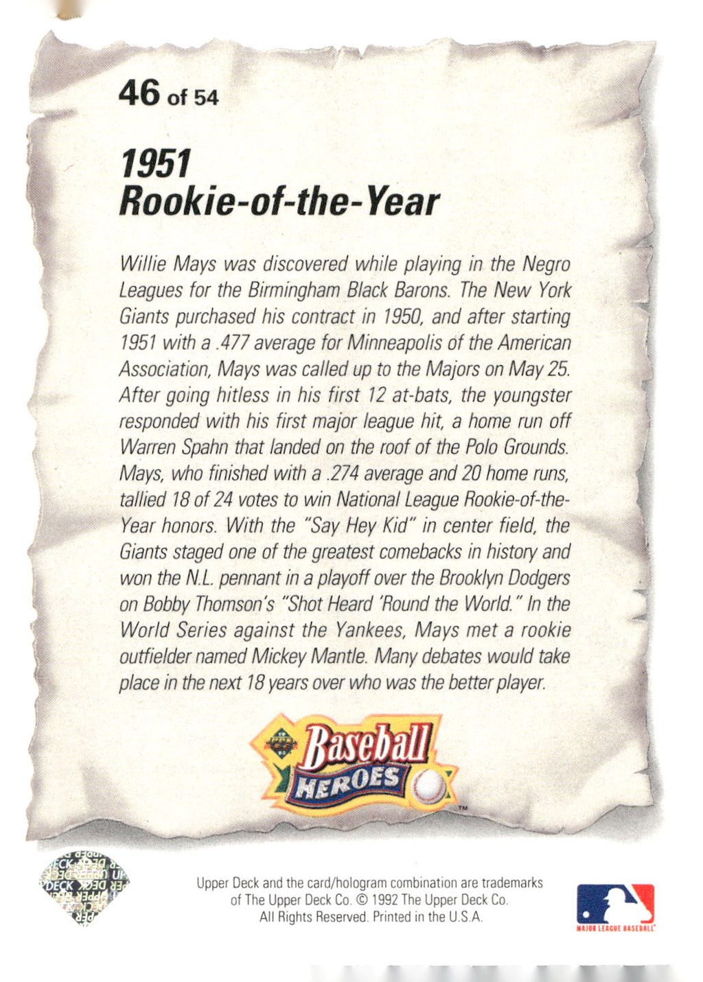 1993 Upper Deck #46 Willie Mays Baseball Heroes: Willie Mays