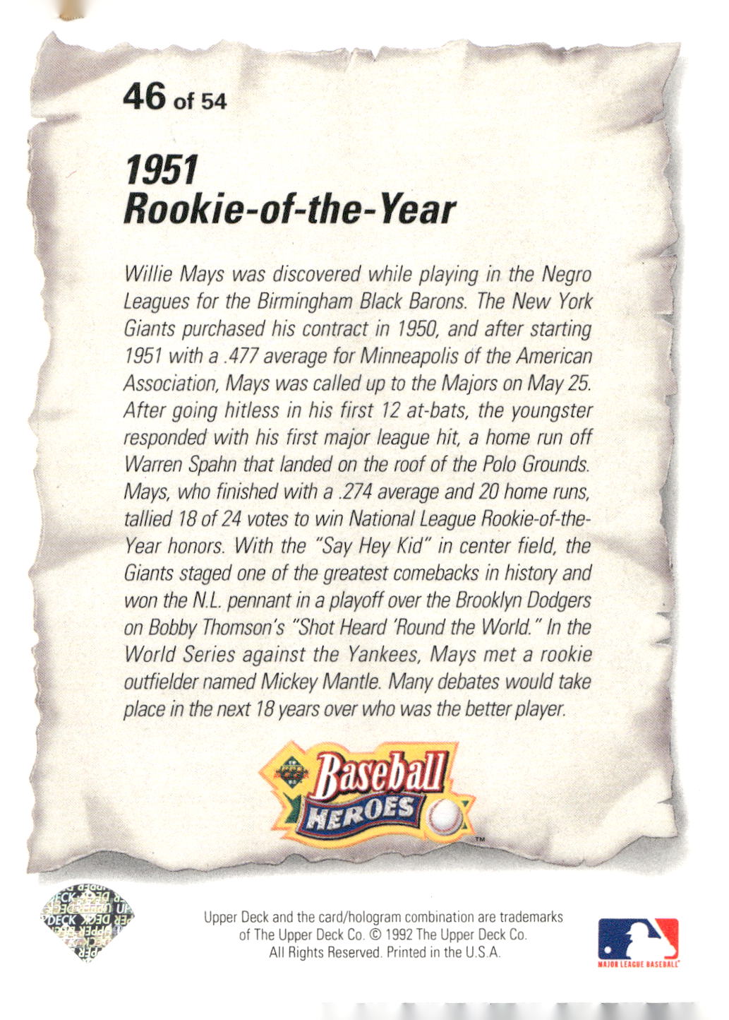1993 Upper Deck #46 Willie Mays Baseball Heroes: Willie Mays