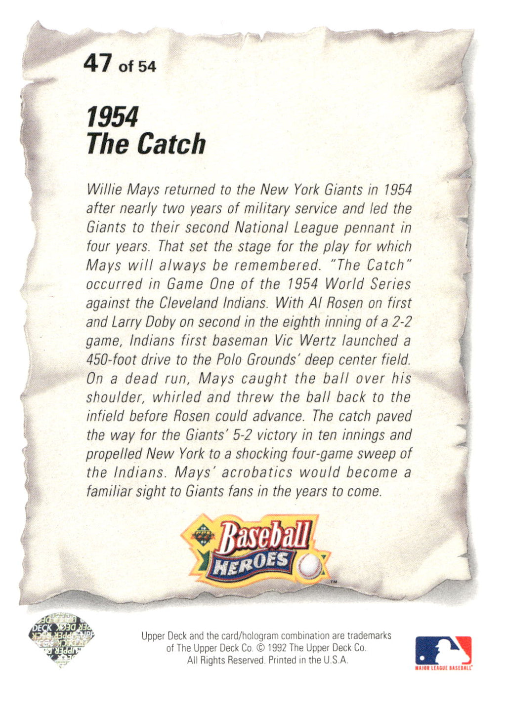1993 Upper Deck #47 Willie Mays Baseball Heroes: Willie Mays