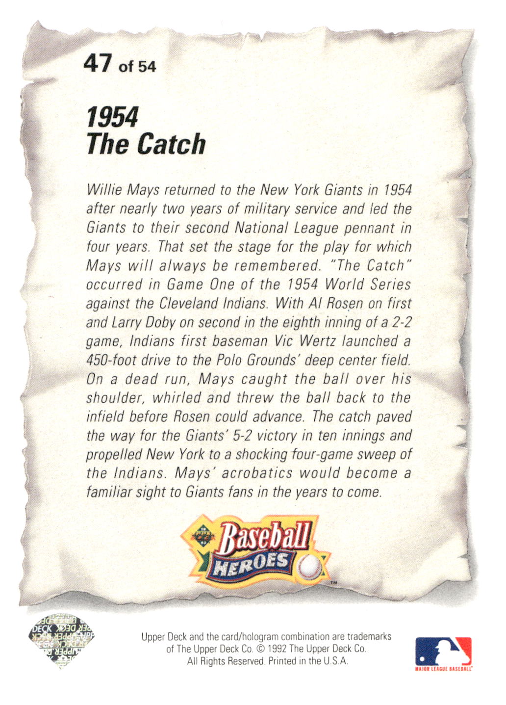1993 Upper Deck #47 Willie Mays Baseball Heroes: Willie Mays