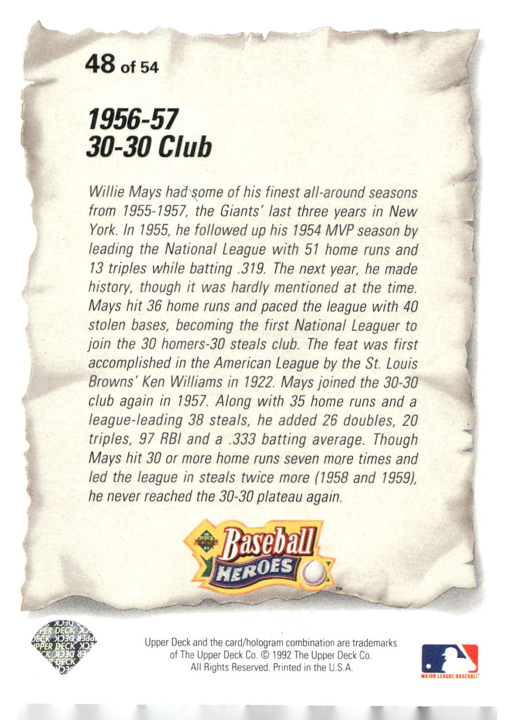 1993 Upper Deck #48 Willie Mays Baseball Heroes: Willie Mays