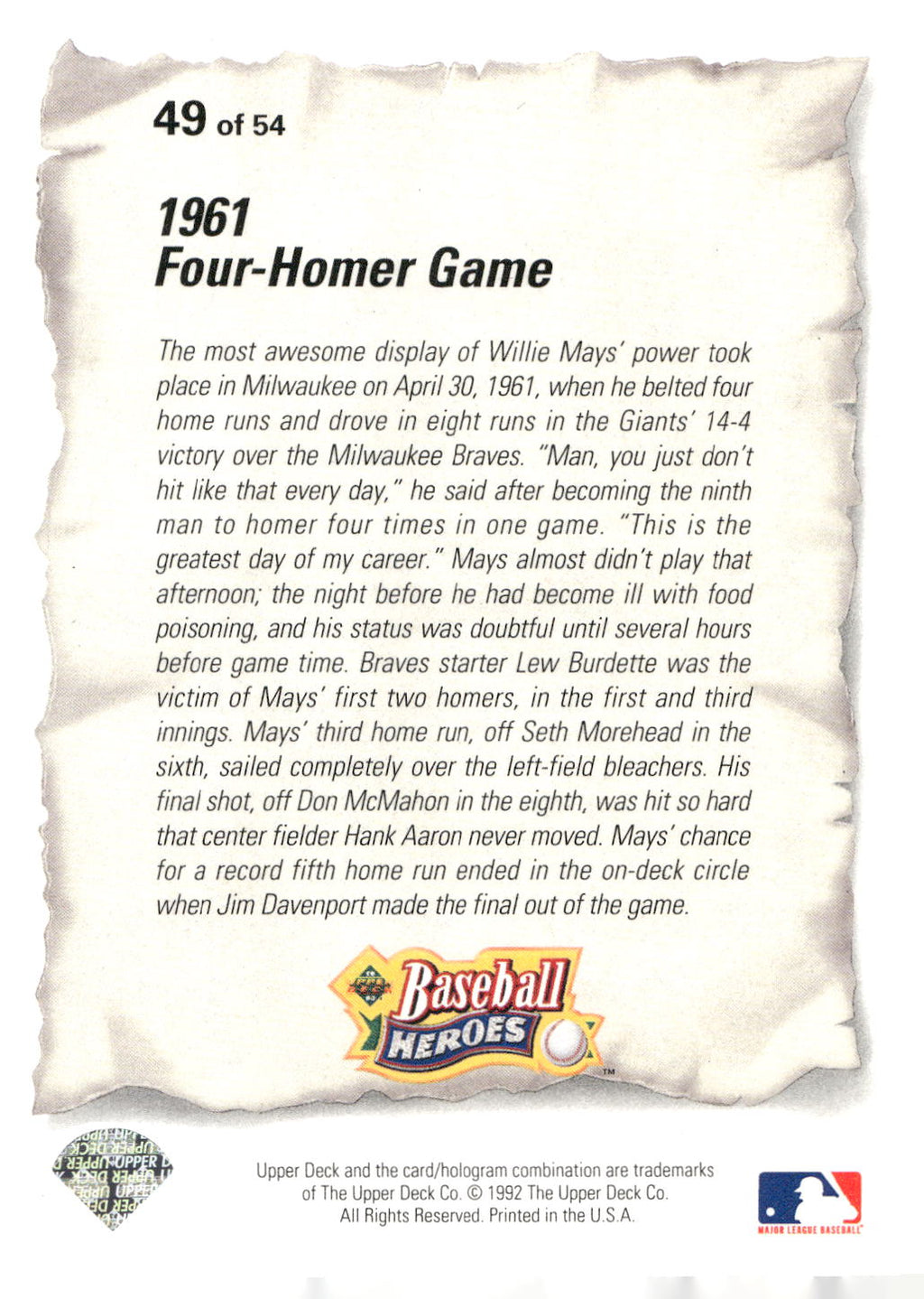 1993 Upper Deck #49 Willie Mays Baseball Heroes: Willie Mays