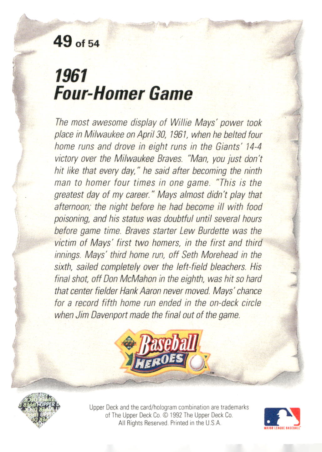 1993 Upper Deck #49 Willie Mays Baseball Heroes: Willie Mays