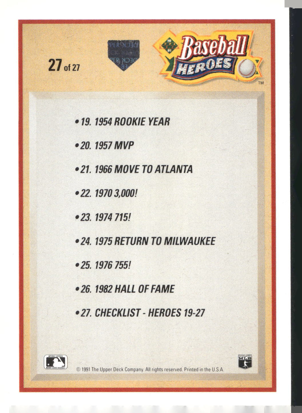 1991 Upper Deck #27 Hank Aaron Baseball Heroes: Hank Aaron